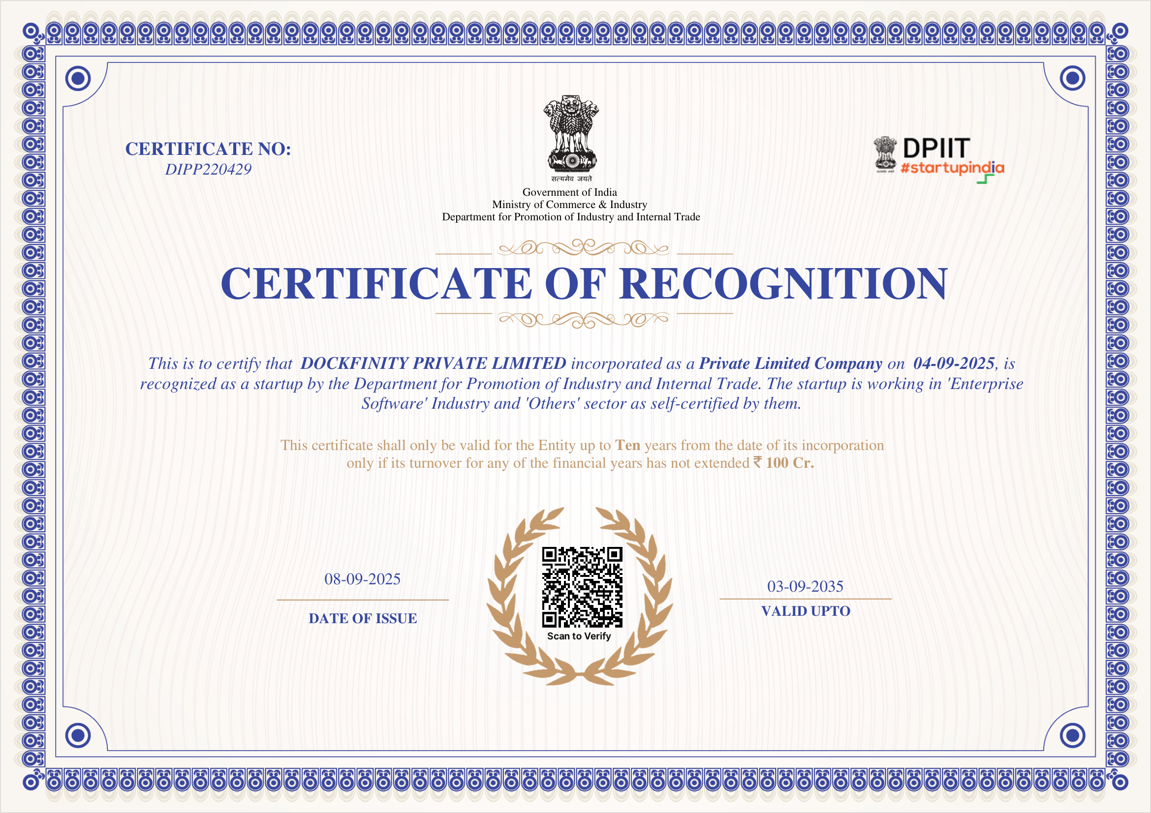 DPIIT Recognition Certificate